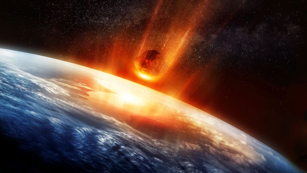 A 3D rendering of a meteor striking Earth