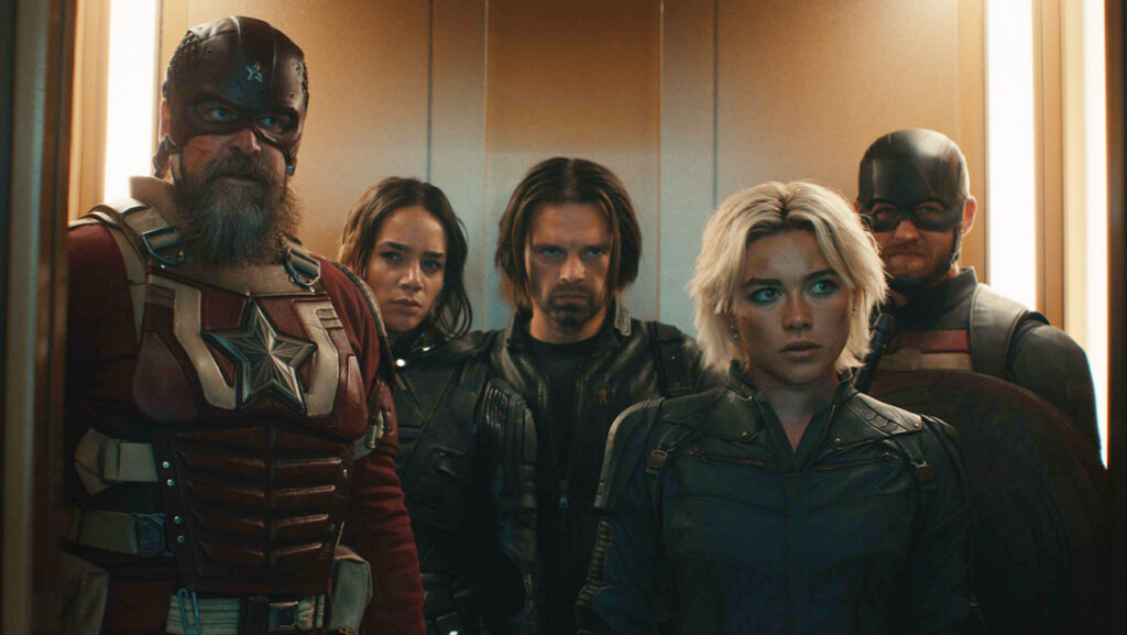 (L-R): Alexei Shostakov/Red Guardian (David Harbour), Ghost (Hannah John-Kamen), Bucky Barnes (Sebastian Stan), Yelena Belova (Florence Pugh), and John Walker (Wyatt Russell) in Marvel Studios' THUNDERBOLTS