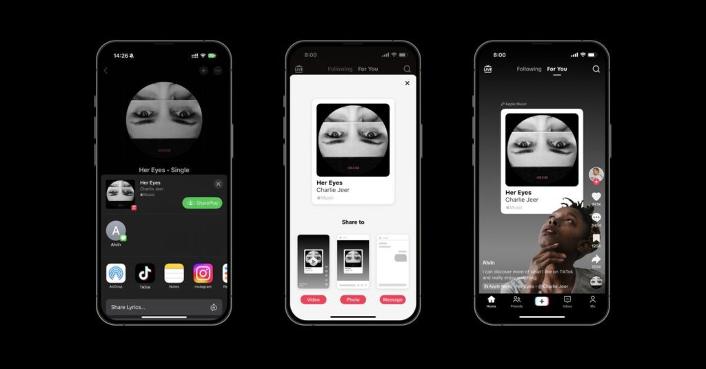 Apple Music track shared directly to a TikTok post