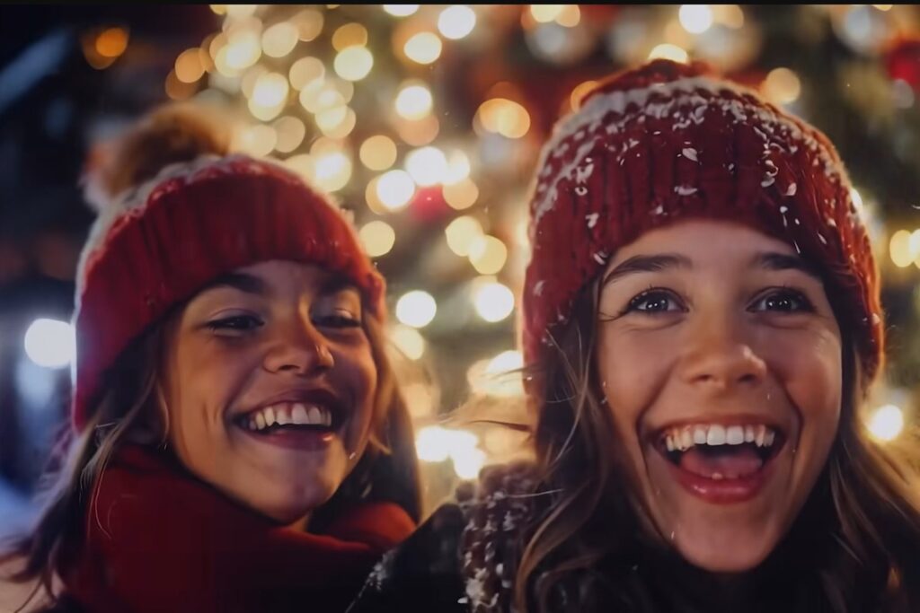 AI women about to receive an AI Coca-Cola from an AI Santa Clause.