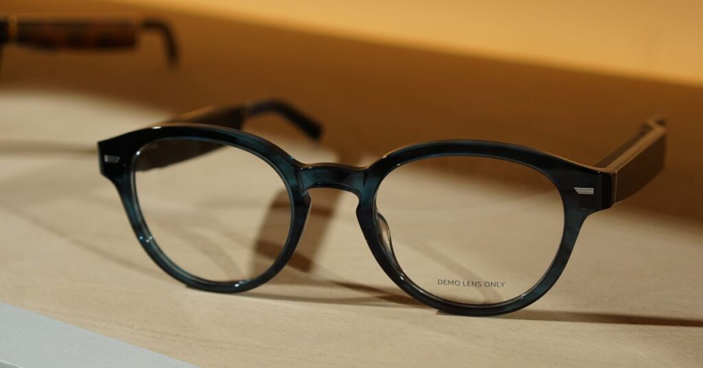 A photo of the blue Echo Frames.