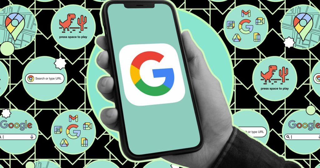 Google icon on a phone against an illustrated background.