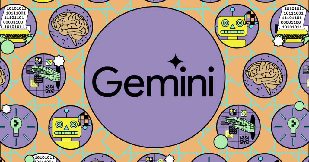 Vector illustration of the Google Gemini logo in front of various aspects of AI.