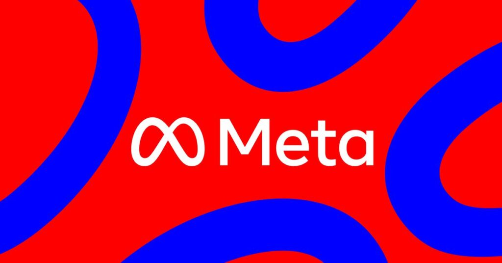 Image of Meta’s logo with a red and blue background.