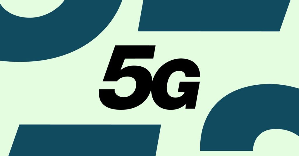 5G logo on an illustrated blue and green background.