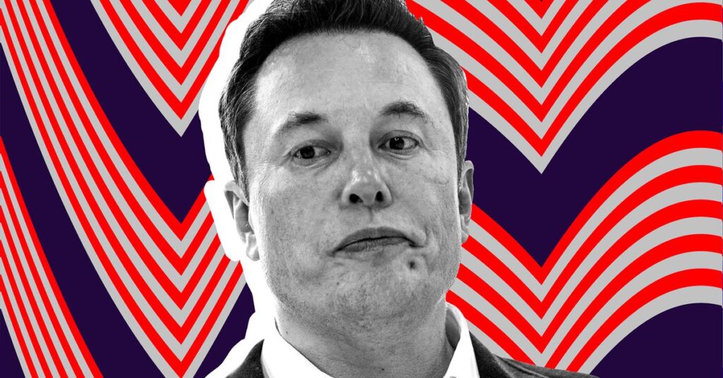 An image showing Elon Musk on a red striped background