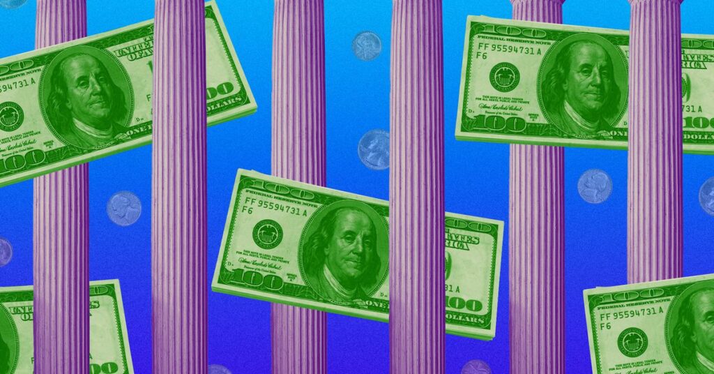 Dollars float through pillars, as if to exit a bank