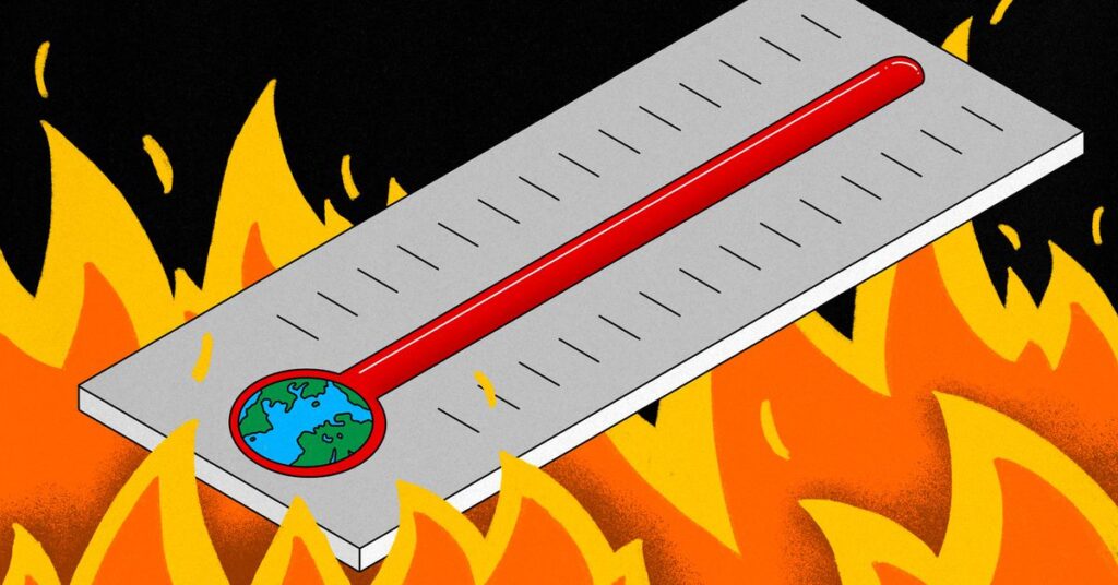 Art depicting a red thermometer above flames