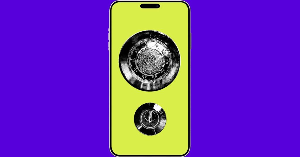 Photo collage of a phone with a combination lock and keyhole over the screen.