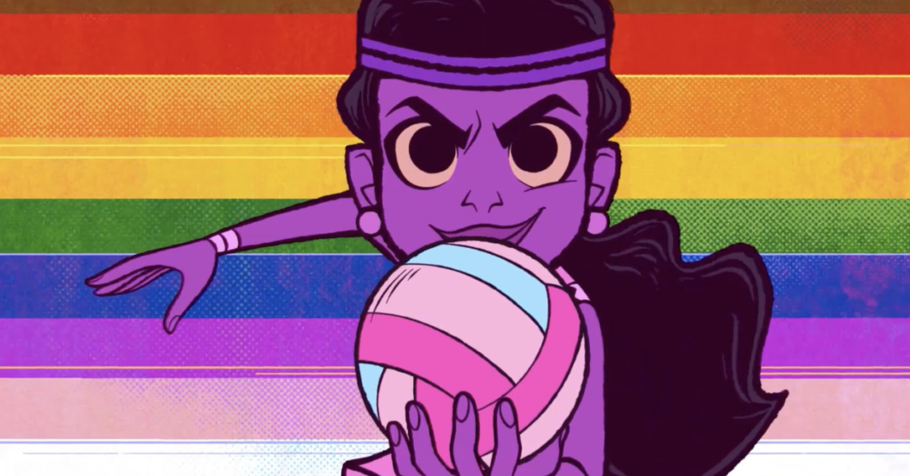 A girl holding a volleyball. The ball is done up in the colors from the trans pride flag. In the background are the colors representing the queer pride flag.