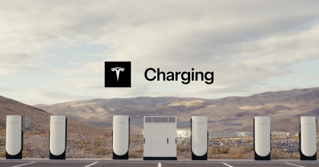 Tesla v4 supercharger station with desert background, no cars, and big white power box in the middle