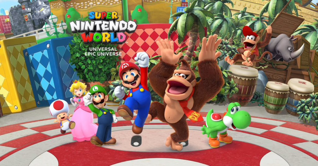 Super Nintendo World promotional picture featuring Toad, Princess Peach, Luigi, Mario, Donkey Kong, Yoshi, and Diddy Kong in front of a representation of the park.