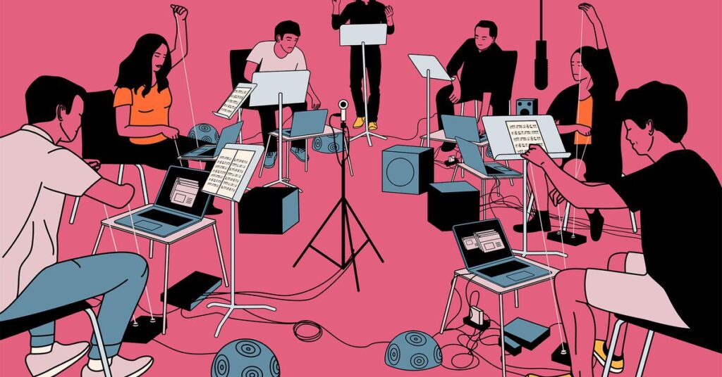 An illustration of several people making music with laptops.