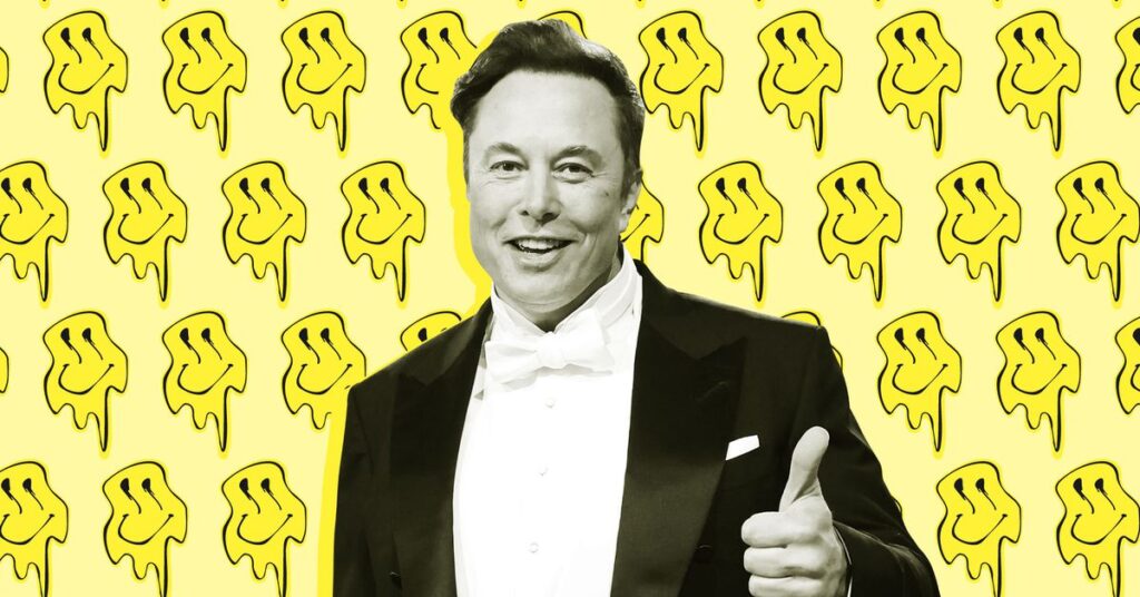 Elon Musk gives a thumbs-up while smiley faces melt in the background