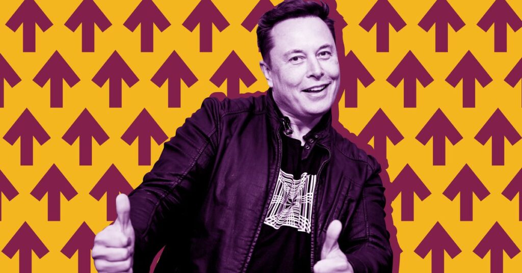 A photo illustration of Elon Musk making a thumbs-up gesture against a background of arrows pointing up.