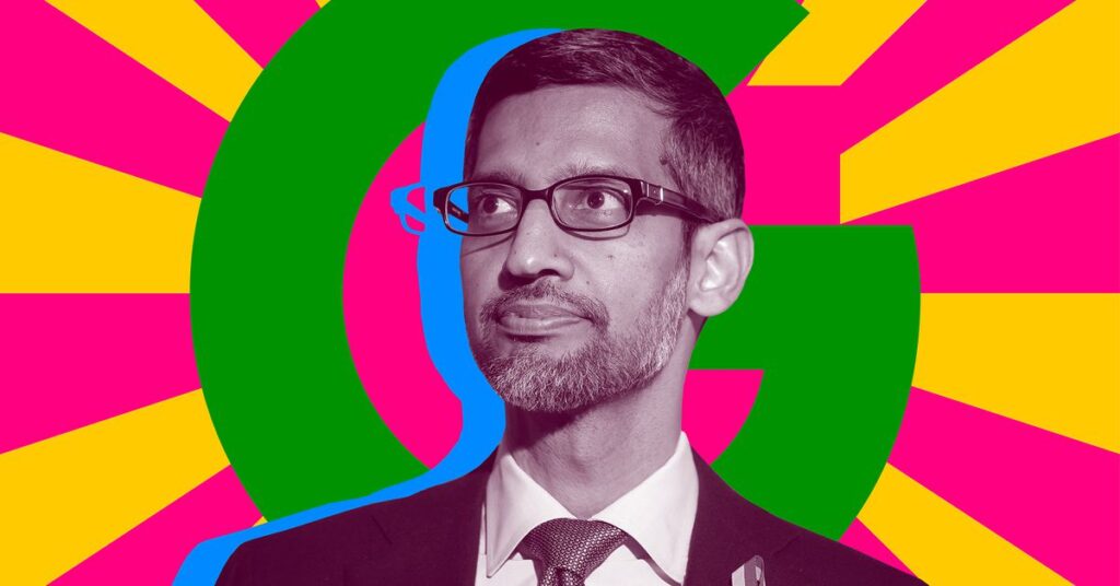 An image of Sundar Pichai in front of a Google logo