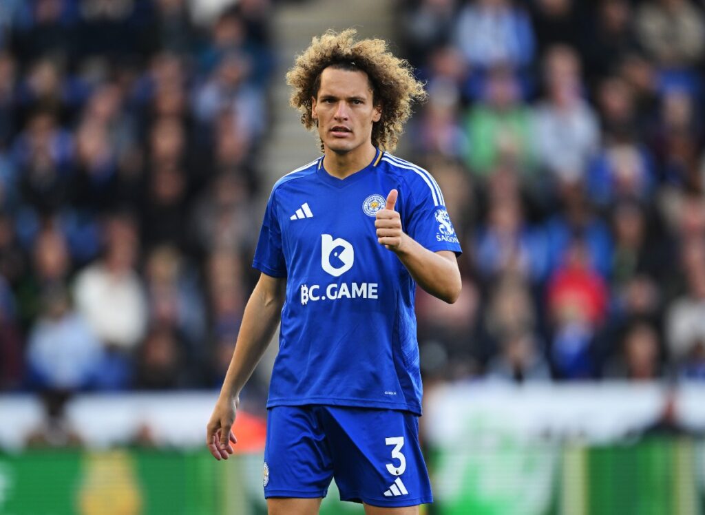 Wout Faes in action for Leicester City