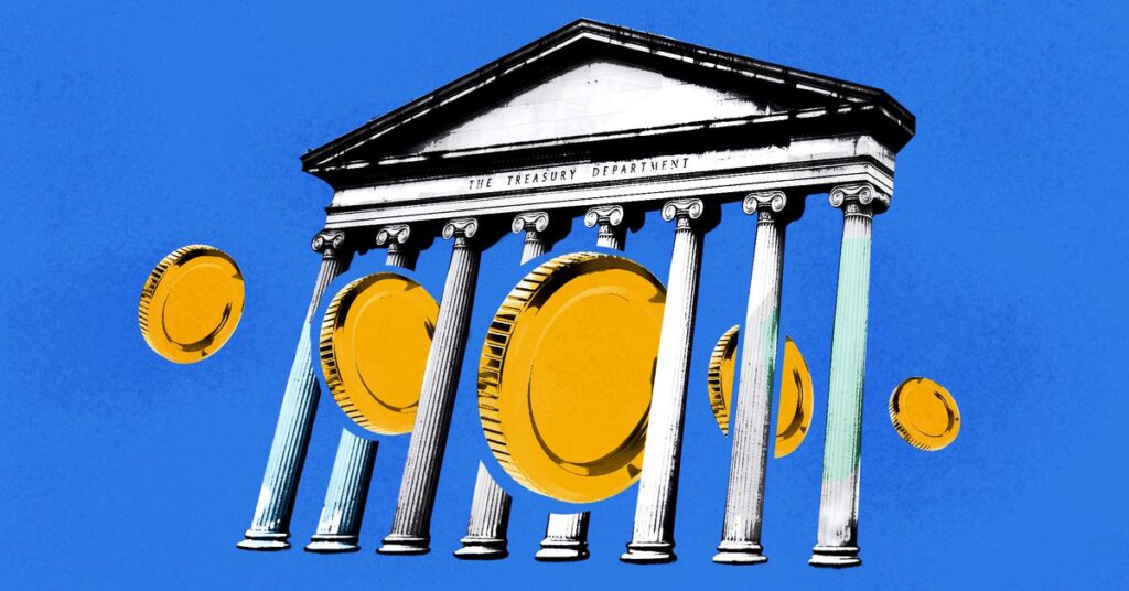 Illustration of coins passing through the pillars of the Supreme Court portico