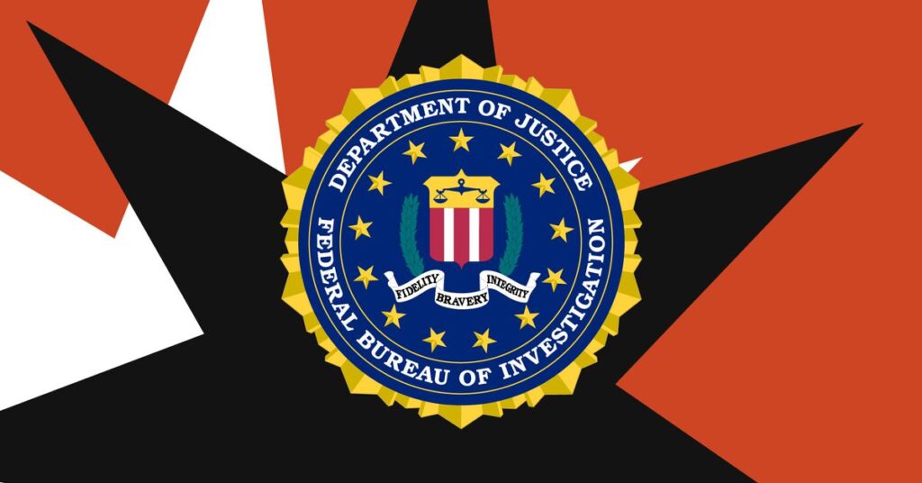 The FBI symbol atop a red, black and white background made of seven pointed stars.