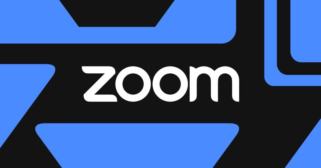 Illustration of the Zoom logo on a blue and black background.