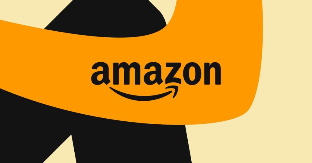 Illustration of Amazon’s wordmark on an orange, black, and tan background made up of overlapping lines.