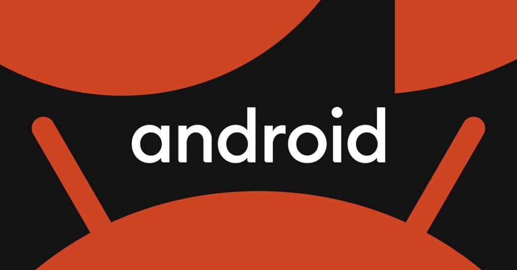 The Android logo on a black backdrop, surrounded by red shapes that resemble the Android mascot.