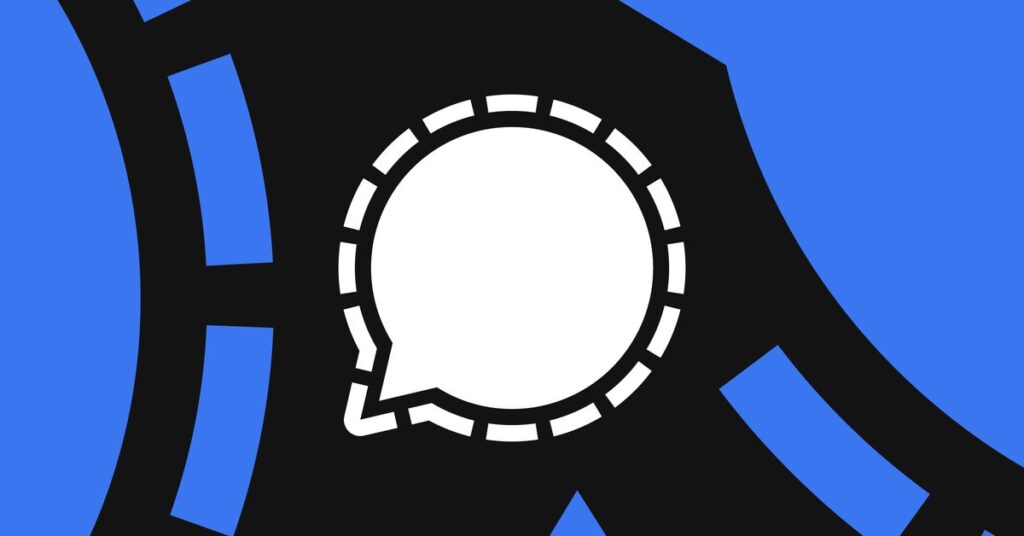 Illustration of the Signal logo: a white speech balloon with a dotted outline on a black and blue background.