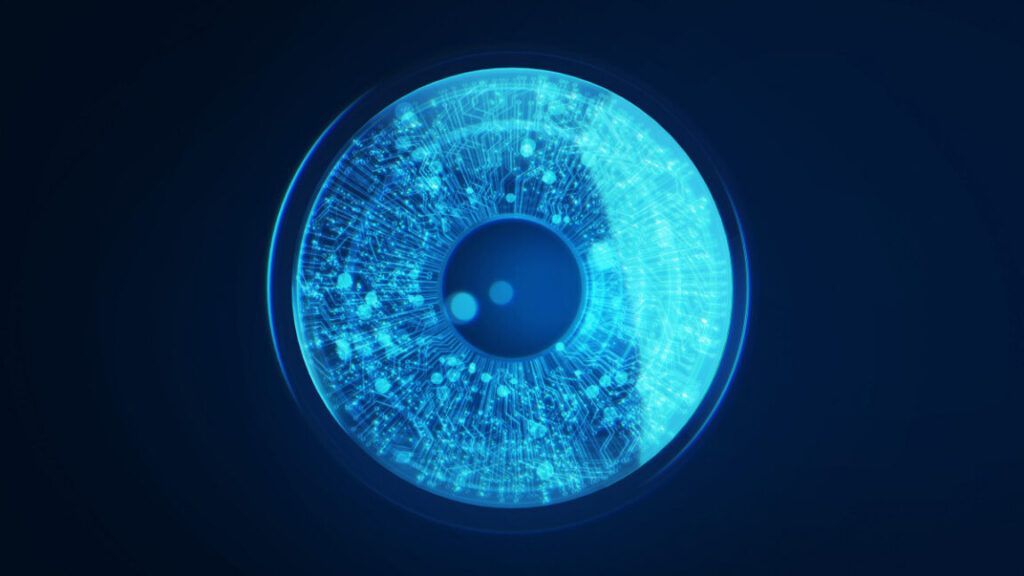 A digital iris eyeball, blue illustration.