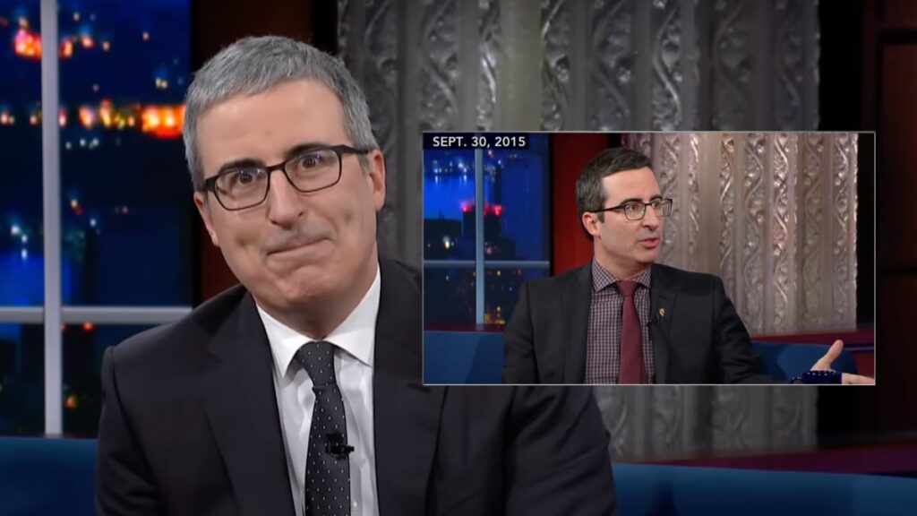 John Oliver reacts to a 2015 clip of himself saying he doesn't 'give a s**t' about Trump