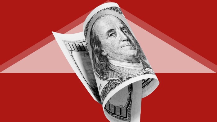 A montage of a US dollar bill and an arrow pointing upward, set against a red background.