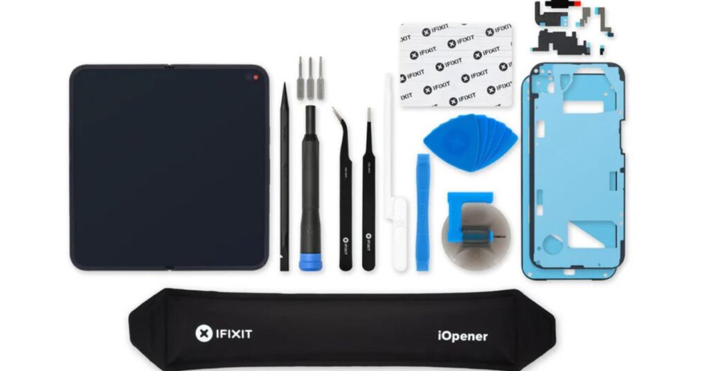 All the parts and tools in iFixit’s $1,207 inner screen replacement kit for the Pixel 9 Pro Fold