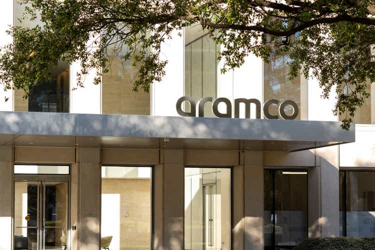 Aramco sign on the building at its office in Houston, Texas, USA.