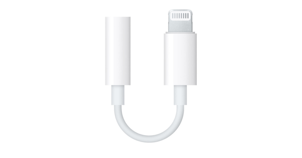 Apple’s Lightniing to 3.5mm headphone jack adapter, curved up nito a U shape.