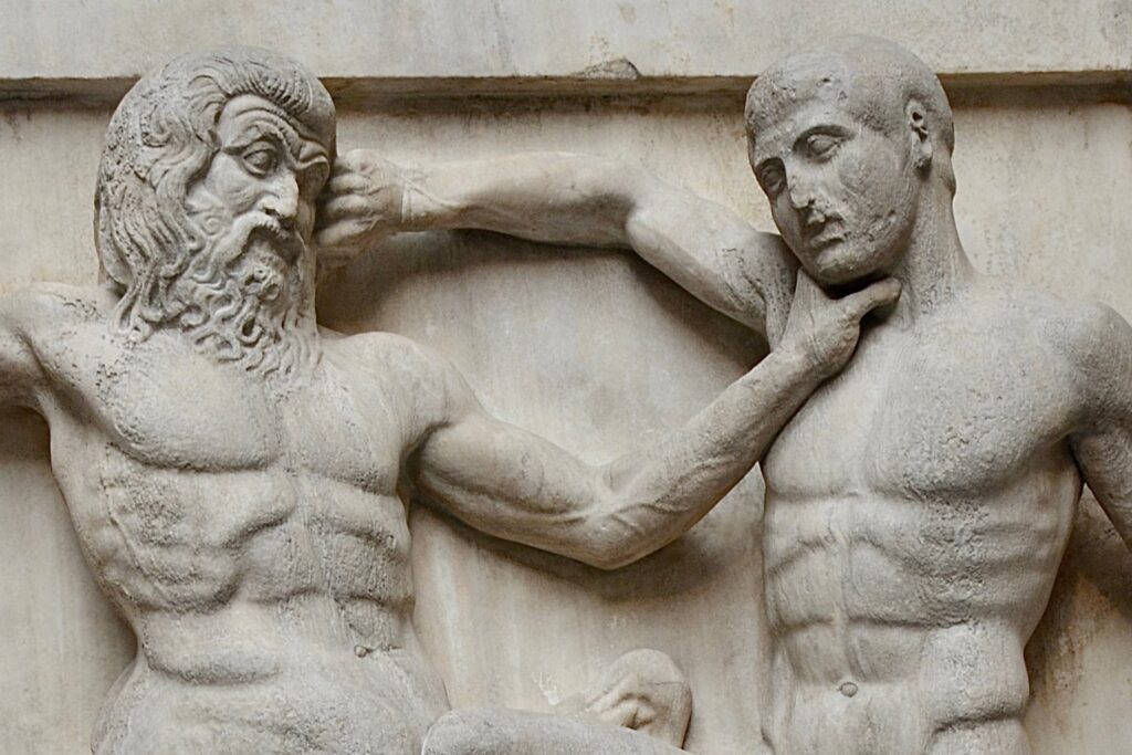 A center and a Lapith struggling in a scene from the Elgin marbles.