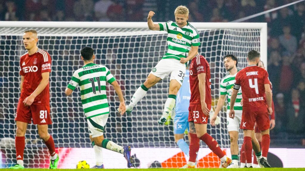 Daizen Maeda scored a double as Celtic swept Aberdeen aside at Hampden Park