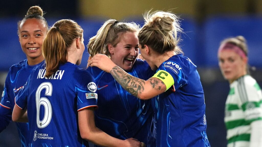 Chelsea celebrate Wieke Kaptein's goal against Celtic in the Women's Champions League