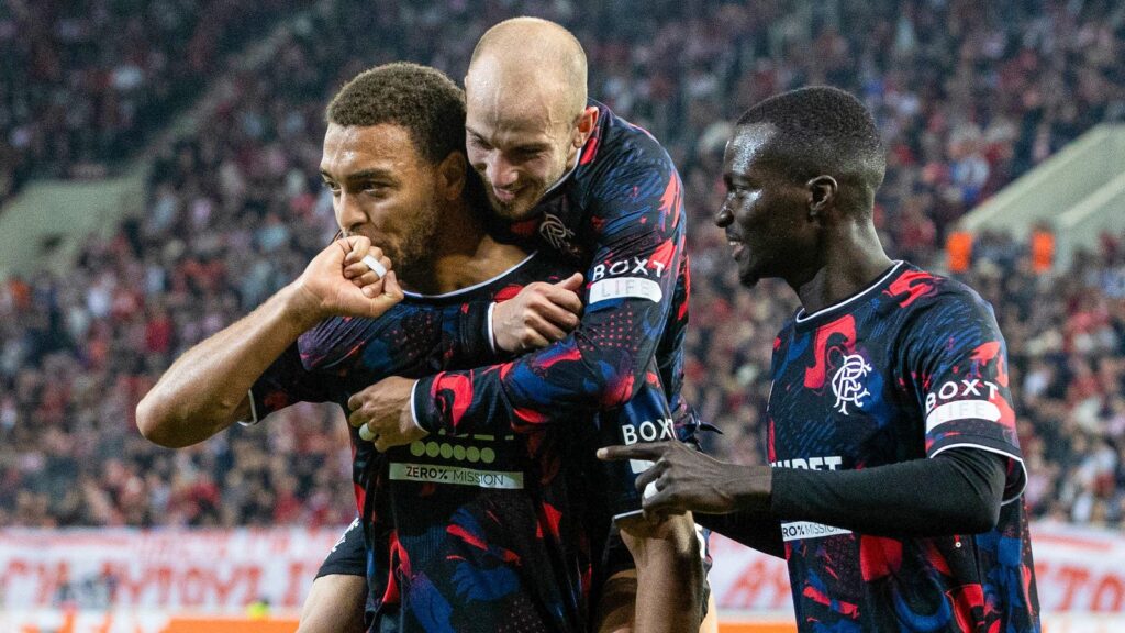 ATHENS, GREECE - NOVEMBER 07: Rangers' Cyriel Dessers celebrates with Vaclav Cerny and Mohamed Diomande as he scores to make it 1-1 during a UEFA Europa League 2024/25 League Phase MD4 match between Olympiacos and Rangers at The Georgios Karaiskakis Stadium, on November 07, 2024, in Athens, Greece. (Photo by Alan Harvey / SNS Group)