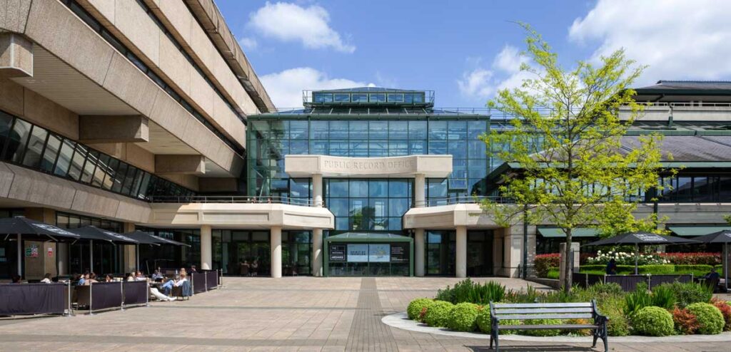 The entrance to The National Archives at Kew, in the sunshine.