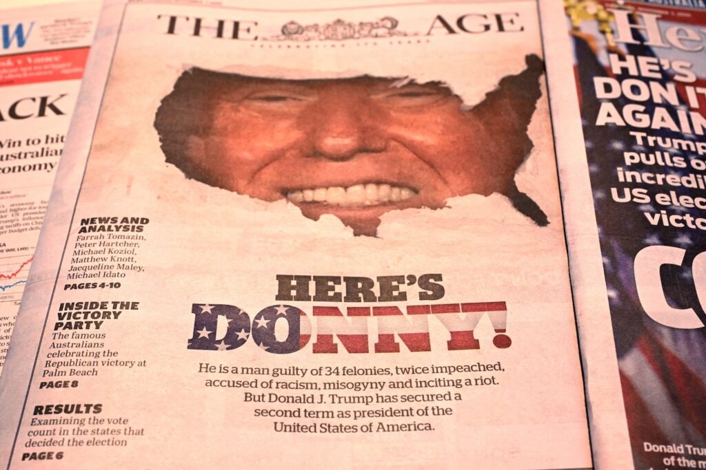 The front pages of the morning newspapers in Melbourne, Australia, on November 7, 2024, show the reaction to the re-election of Donald Trump.