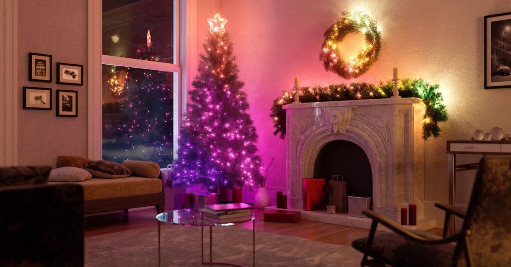 A lit up Christmas tree in a living room.