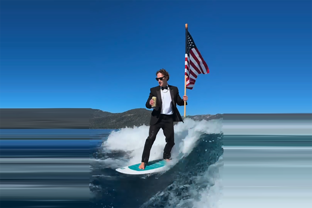 Mark Zuckerberg, chief executive officer of Meta Platforms Inc., drinks a La Croix sparkling water while he wakeboards on Lake Tahoe during an interview on "The Circuit with Emily Chang" in Tahoe City, California, US, on Friday, July 19, 2024.