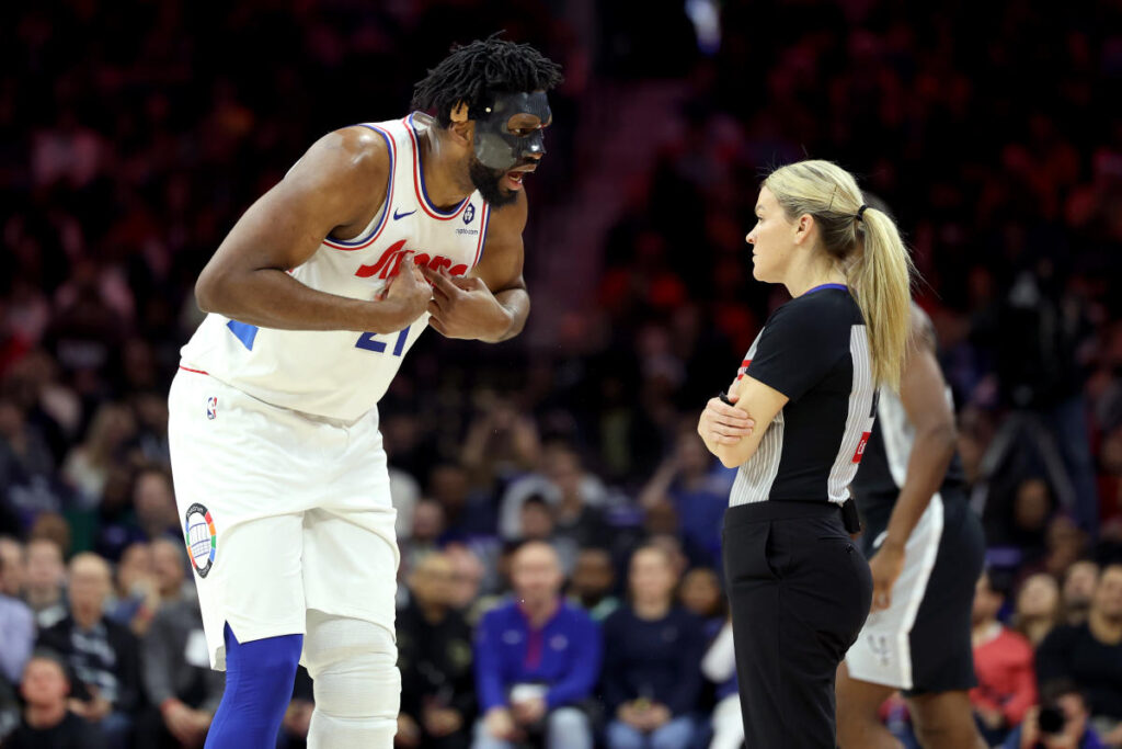 76ers star Joel Embiid ejected for arguing with officials after crashing into Victor Wembanyama in game vs. Spurs