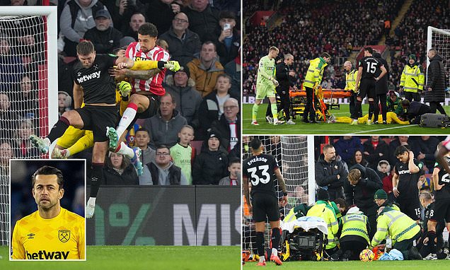 West Ham star Lukasz Fabianski carried off on a stretcher after seven-minute delay following head injury in Hammers' clash at Southampton