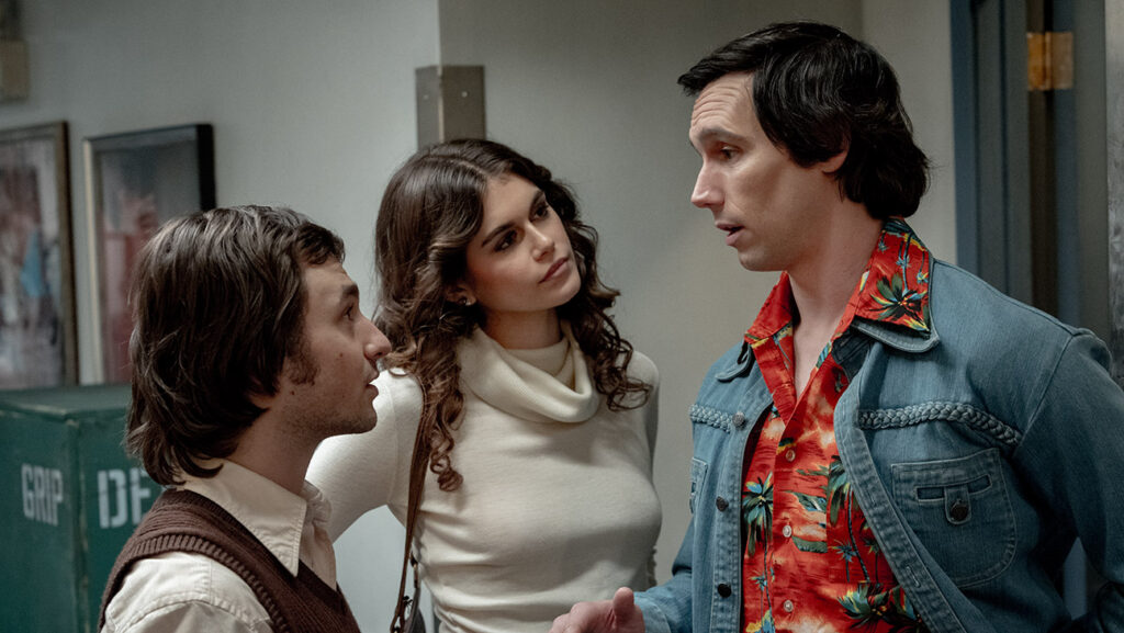 Lorne Michaels (Gabriel LaBelle), Jacqueline Carlin (Kaia Gerber), Chevy Chase (Cory Michael Smith) in SATURDAY NIGHT.