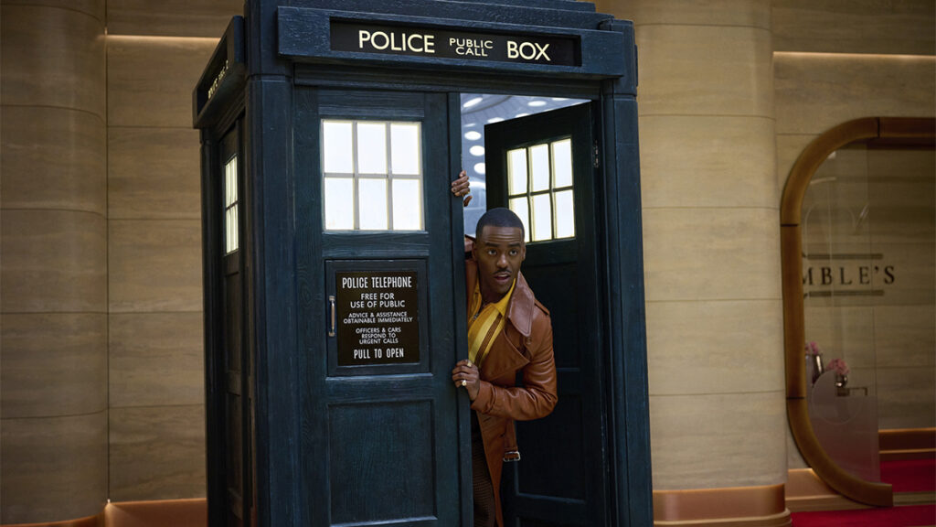 Ncuti Gatwa as the Doctor looking out from the TARDIS in Christmas special "Joy to the World"