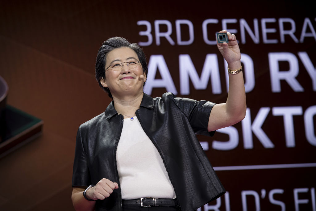 Lisa Su, president and chief executive officer of Advanced Micro Devices (AMD), holds a 3rd generation Ryzen desktop processor while speaking during a keynote session at the 2019 Consumer Electronics Show (CES) in Las Vegas, Nevada, U.S., on Wednesday, Jan. 9, 2019. Su said that the Radeon VII would go on sale next month, and that the 7-nanometer Epyc and Ryzen desktop CPUs would be released in mid-2019. Photographer: David Paul Morris/Bloomberg via Getty Images