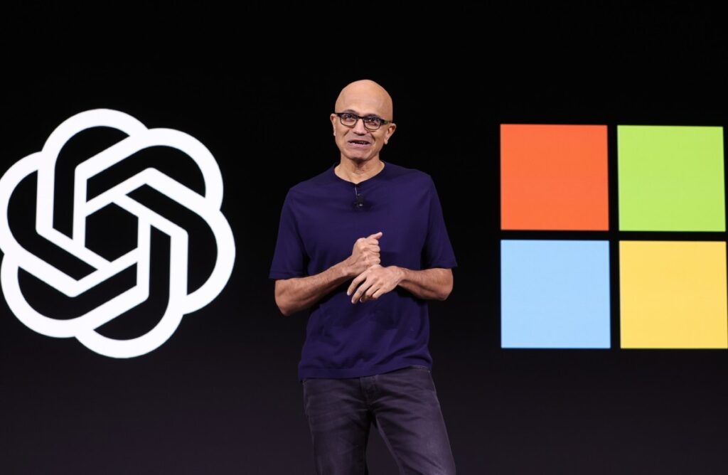 Microsoft CEO Satya Nadella speaks during the OpenAI DevDay event on November 06, 2023 in San Francisco