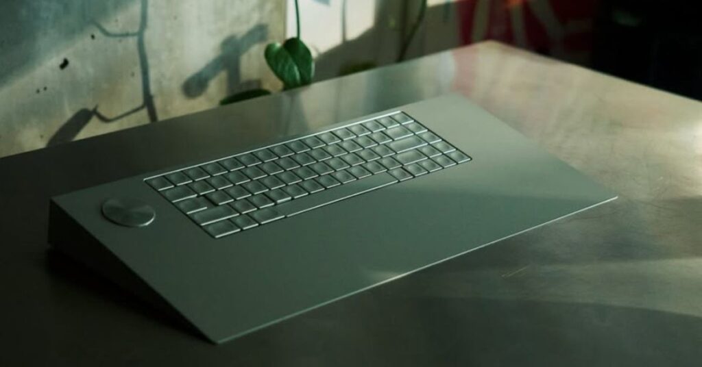 The Icebreaker keyboard by Serene Industries on a desk.