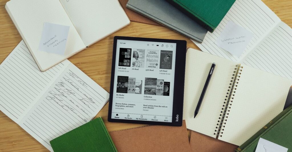 The new Kobo Elipsa 2E on a desk surrounded by papers.