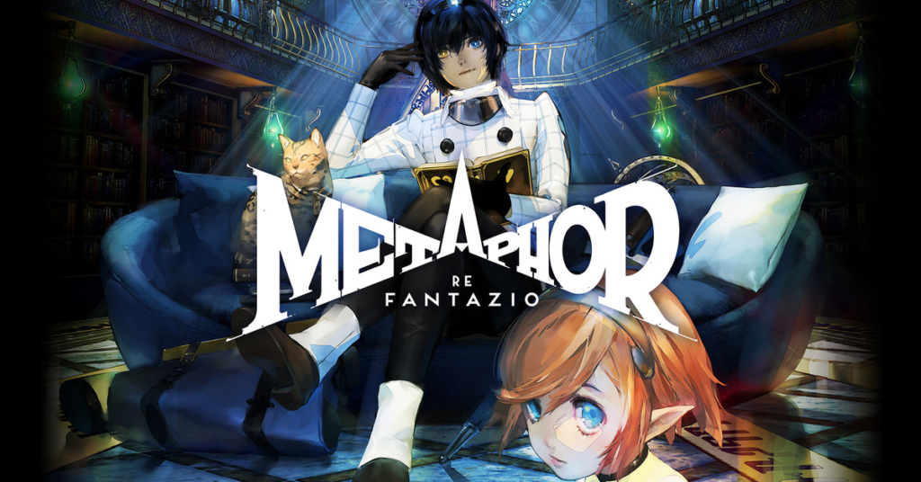 Key art from Metaphor: ReFantanzio featuring a blue haired boy wearing a white coat sitting on a throne behind the text “Metaphor: ReFantanzio” with a small woman with red hair in the foreground.